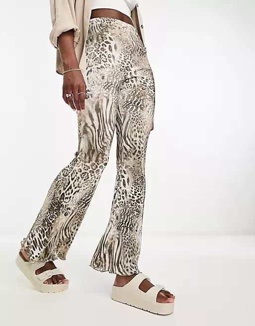 ASOS DESIGN plisse flare pants in mixed animal print-Multi Cover