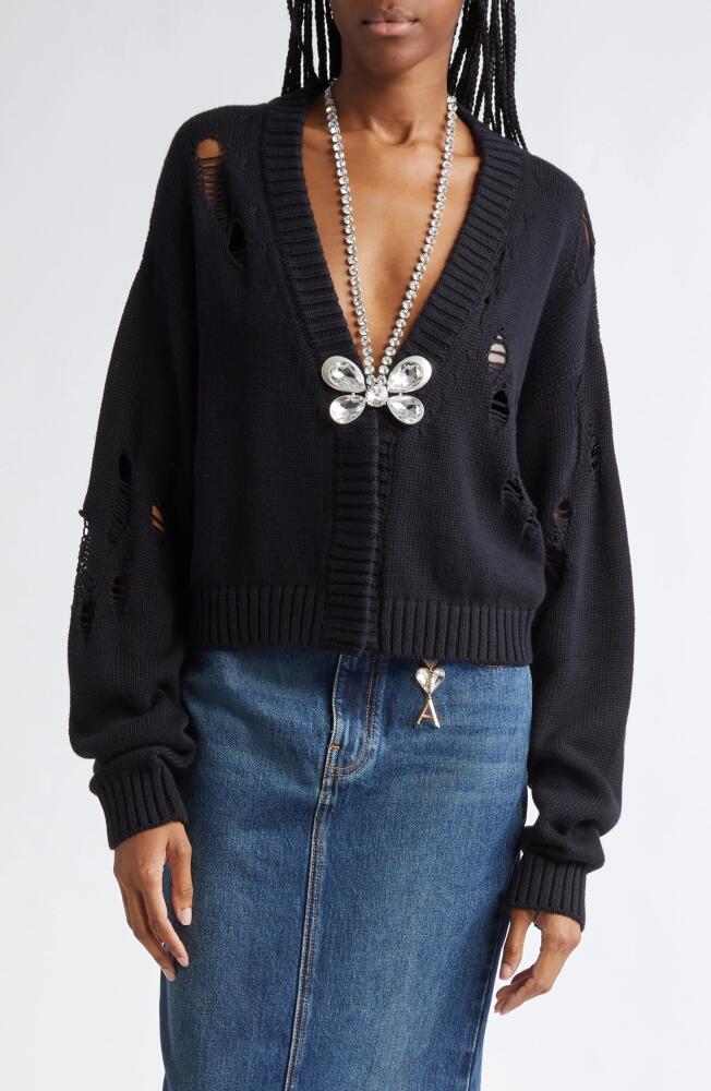 Area Crystal Butterfly Distressed Cotton & Cashmere Cardigan in Black Cover