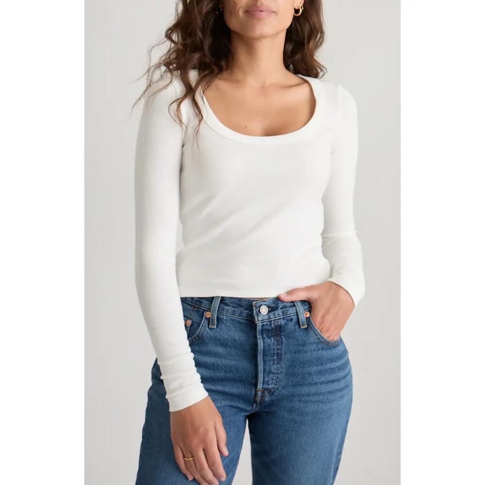 Marine Layer Lexi Sun-In Scoop Neck Long Sleeve Rib T-Shirt in White Cover