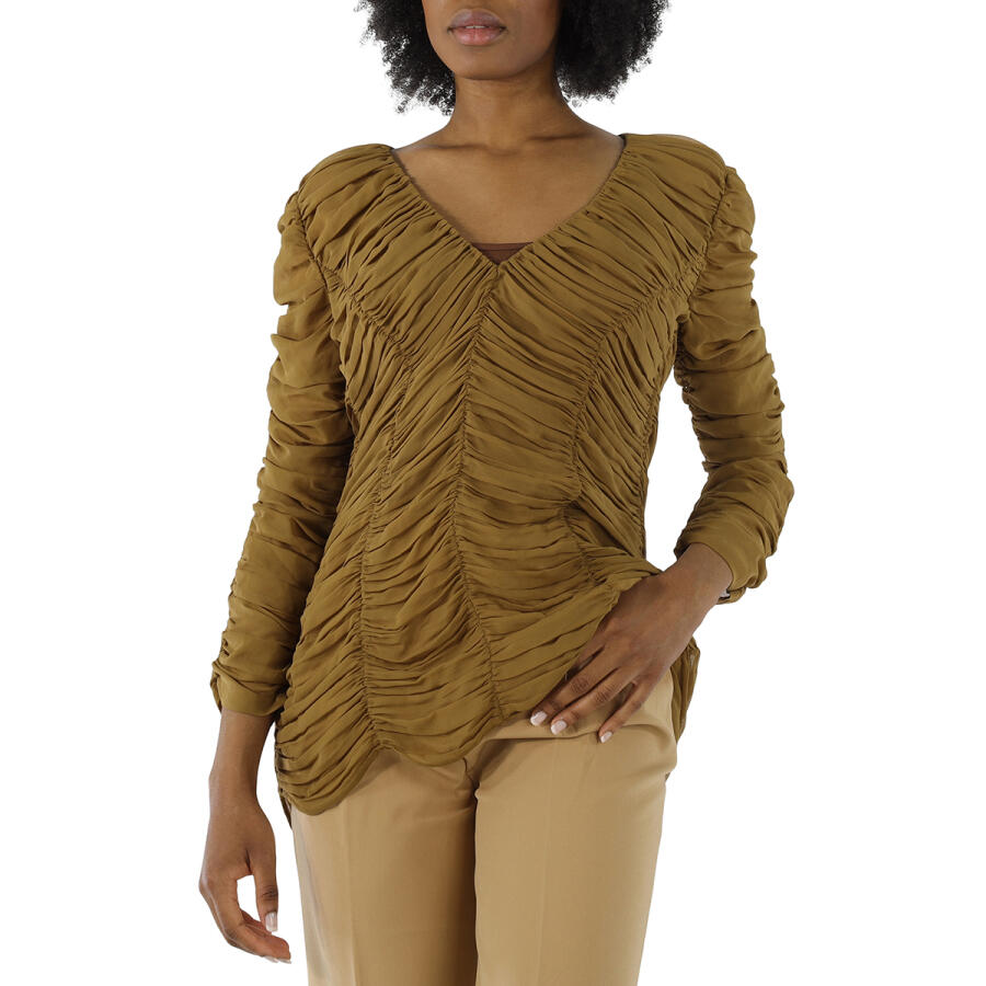 Khaite Ladies Khaki Brown V-Neck Ruched Silk Blouse Cover