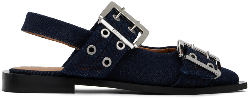 GANNI Navy Denim Buckle Ballerina Flats Cover