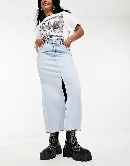 Bershka raw hem split hem denim midi skirt in light blue-White Cover