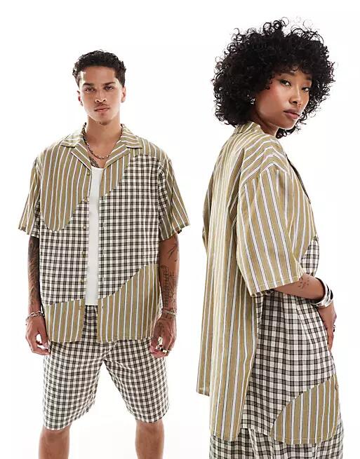 Reclaimed Vintage unisex boxy oversized shirt in splice plaid and stripe-Green Cover