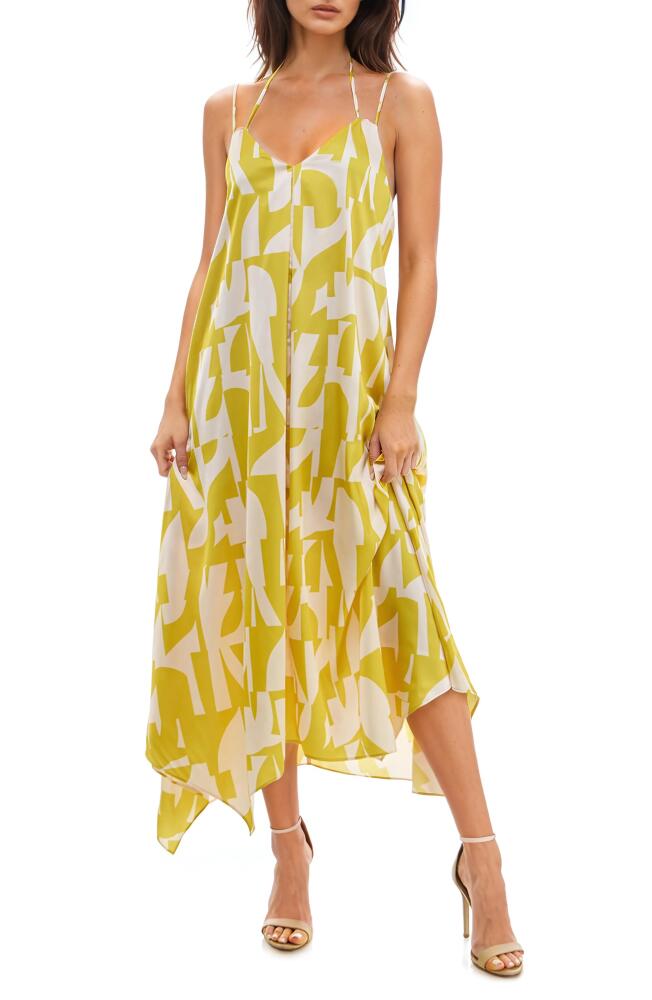 Socialite Geo Print Handkerchief Hem Midi Dress in Chartreuse/Ivory Cover