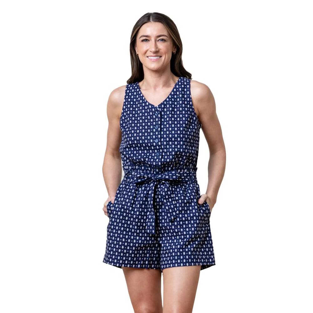 Hope & Henry Women's Sleeveless Linen Button Front Romper in Navy Riviera Print Cover