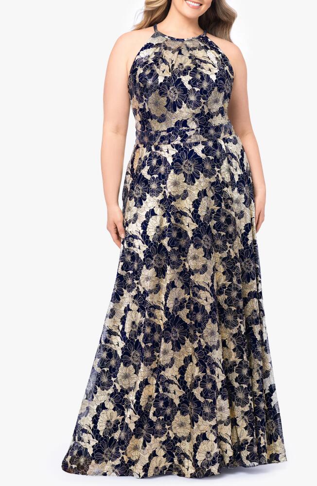 Betsy & Adam Metallic Floral Gown in Navy/Gold Cover