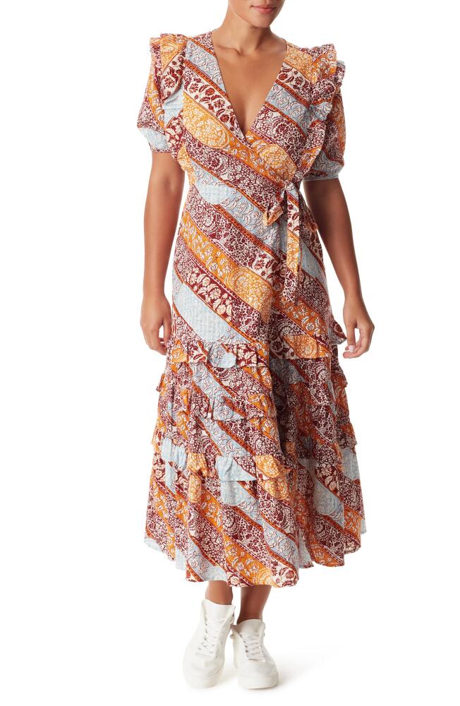 Sam Edelman Ophelia Floral Ruffle Cotton Faux-Wrap Dress in Fired Brick- Heritage Stripe Cover