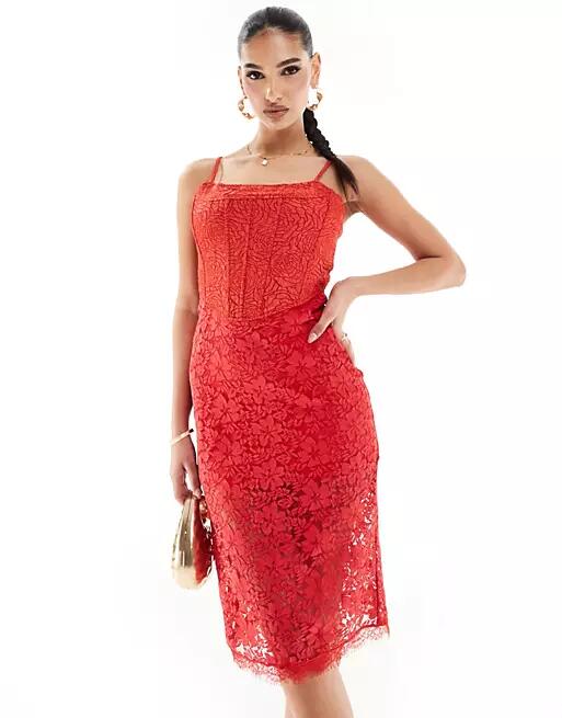 Rare London strappy corset lace midi dress in red Cover