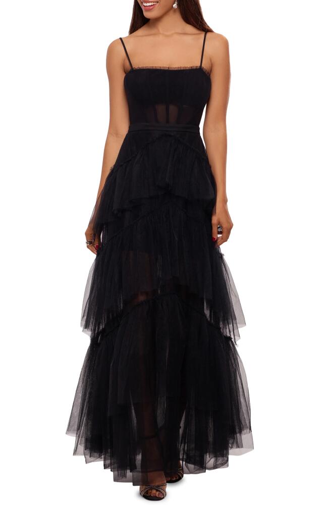 Betsy & Adam Tiered Tulle Ruffle Gown in Black Cover