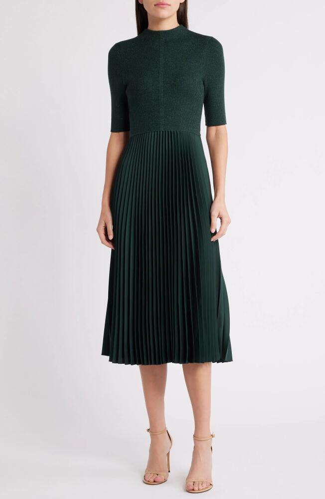 BOSS Fireanami Shimmer Sweater Dress with Plissé Skirt in Court Green Cover