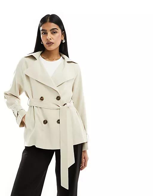 ASOS DESIGN short lightweight trench coat with tie waist in stone-Neutral Cover