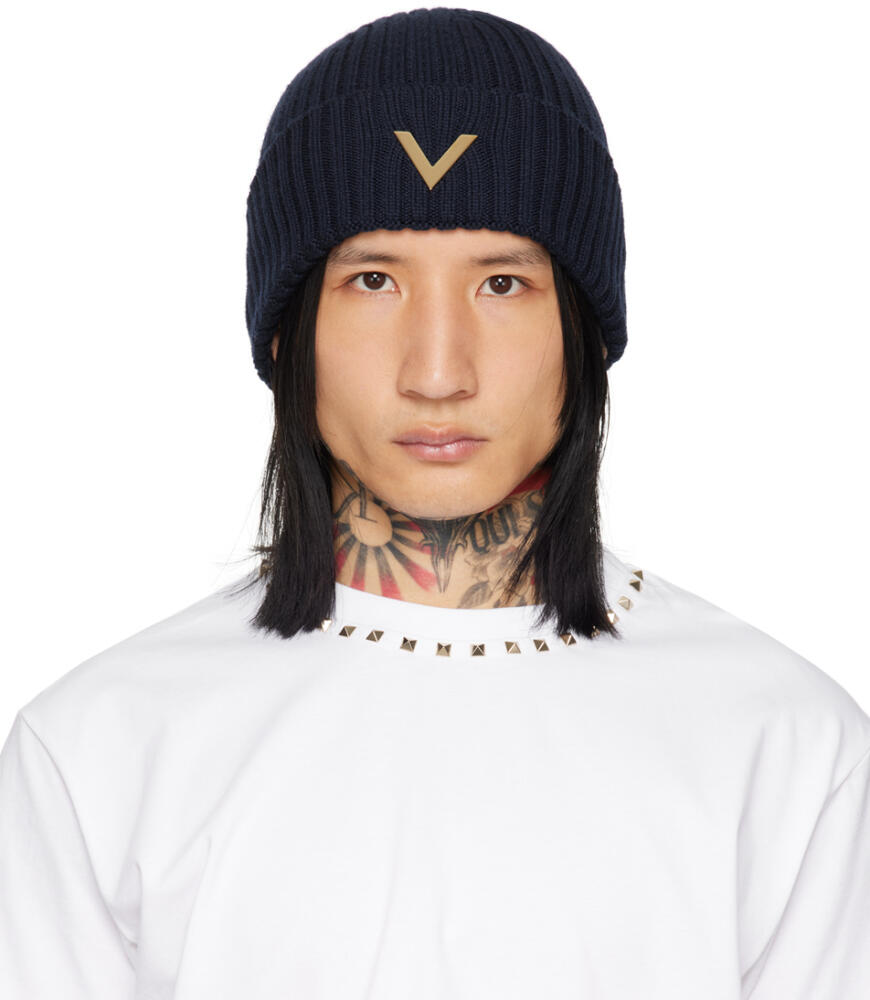 Valentino Garavani Navy Wool Beanie Cover