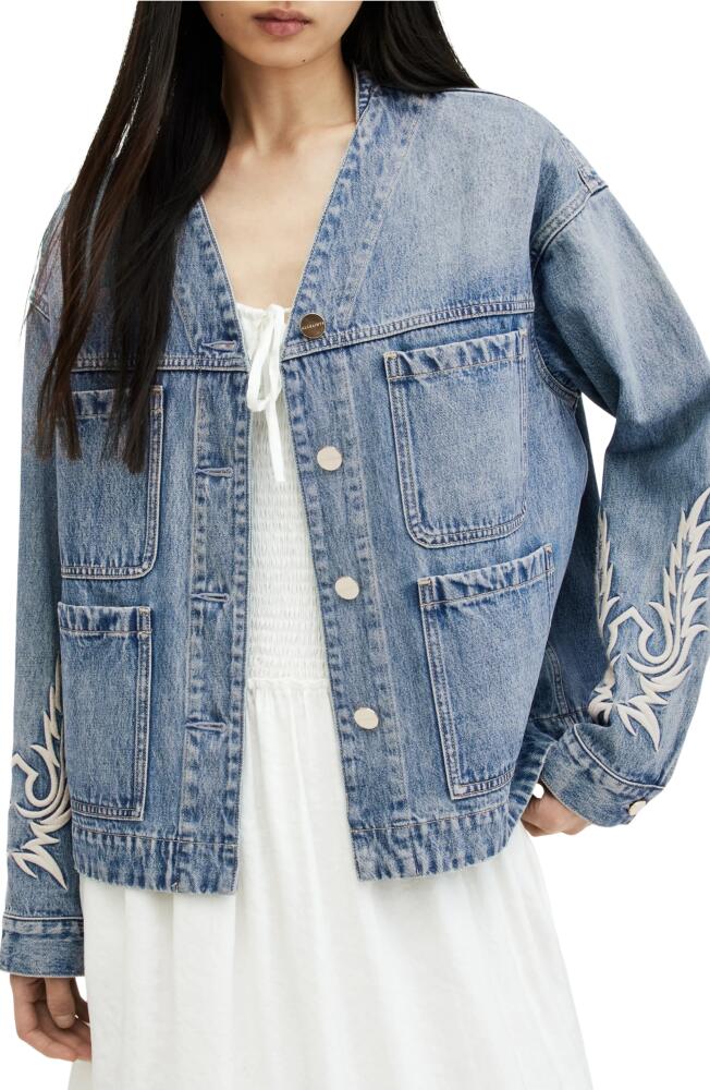 AllSaints Terri Embroidered Detail Denim Jacket in Mid Indigo Cover