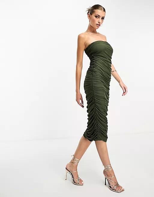 Flounce ruched mesh midi dress in olive green Cover