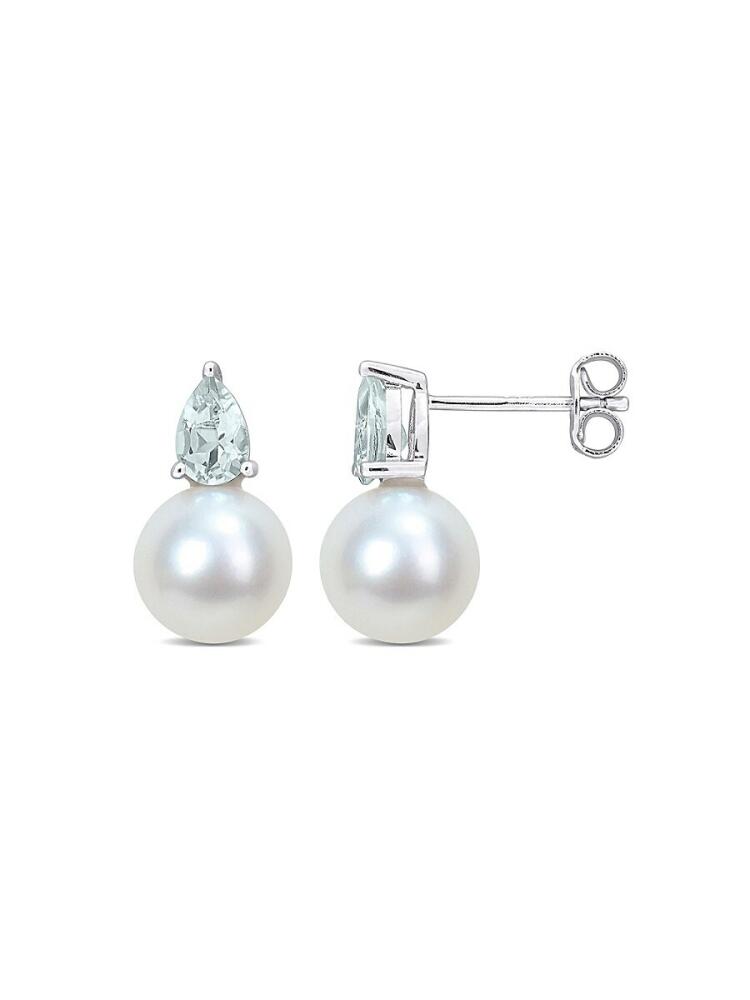 Sonatina Women's Sterling Silver, 8.5-9MM Freshwater pearl & Aquamarine Stud Earrings Cover