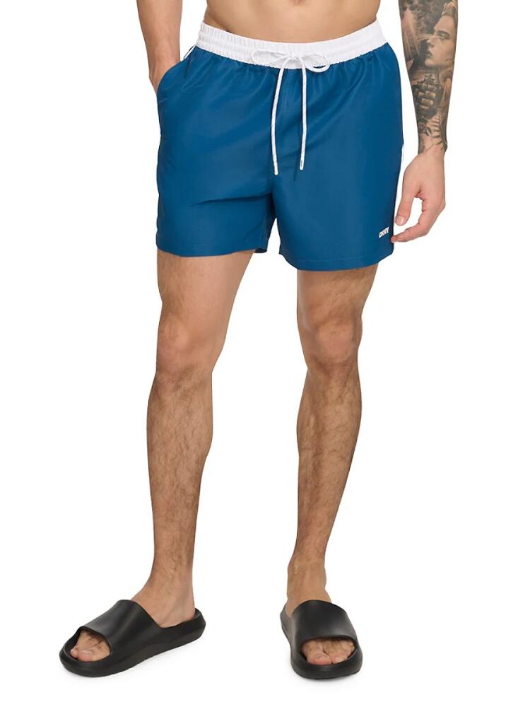 DKNY Men's Standard Fit Flat Front Swim Shorts - Poseidon Cover