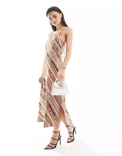 French Connection Gaia textured halterneck midi dress in mocha stripe-Brown Cover