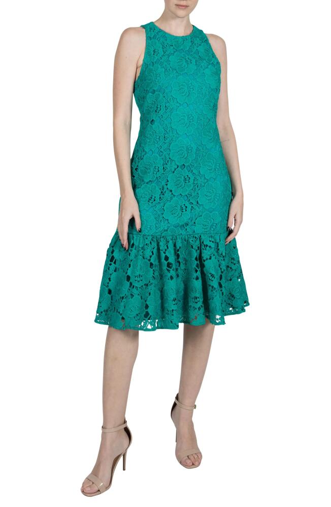 Julia Jordan Lace Ruffle Hem Sheath Dress in Jade Cover