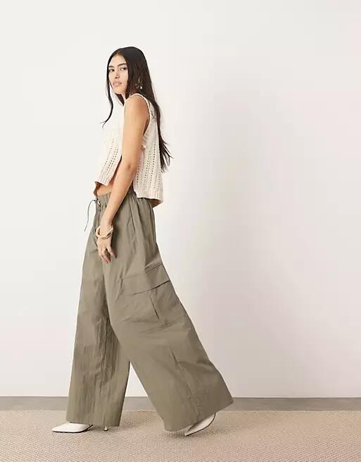 ASOS EDITION drawstring wide leg pants with cargo pocket in khaki-Green Cover