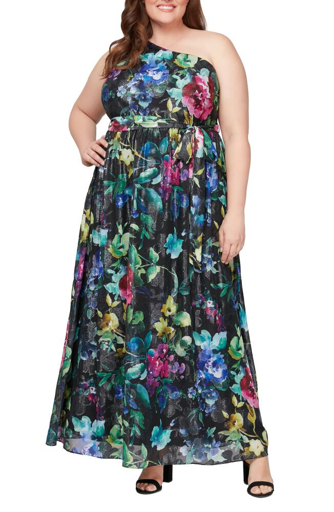 SL FASHIONS Floral One-Shoulder Gown in Black Multi Cover