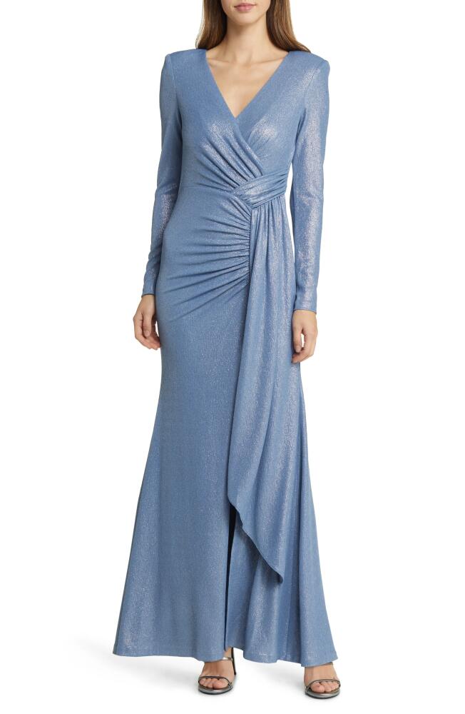 Vince Camuto Ruched Metallic Side Drape Long Sleeve Gown in Blue Cover