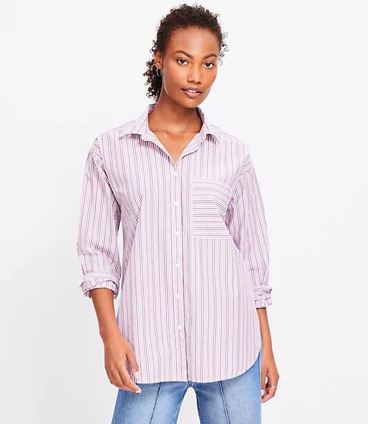 Loft Petite Striped Cotton Poplin Everyday Oversized Pocket Shirt Cover