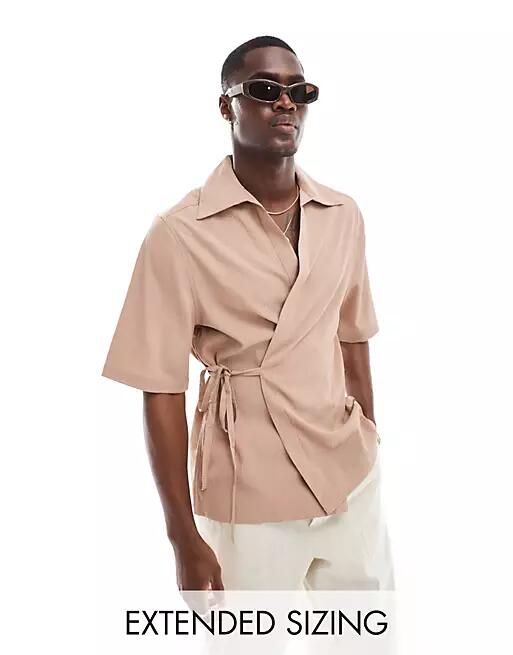 ASOS DESIGN relaxed wraparound textured shirt in dusty pink Cover