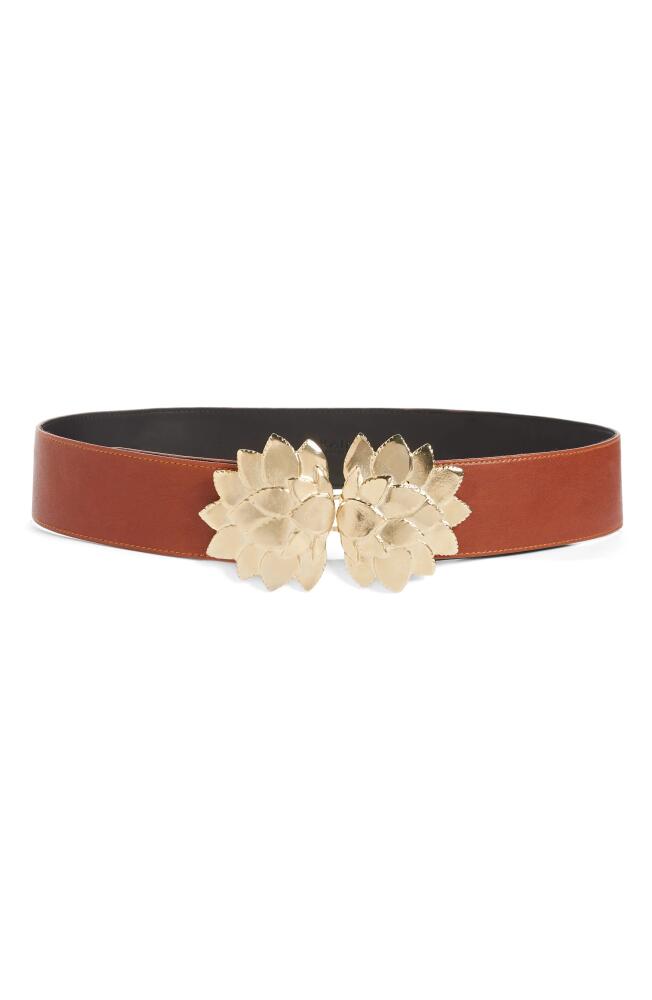 Raina Floral Buckle Leather Belt in Cognac Cover