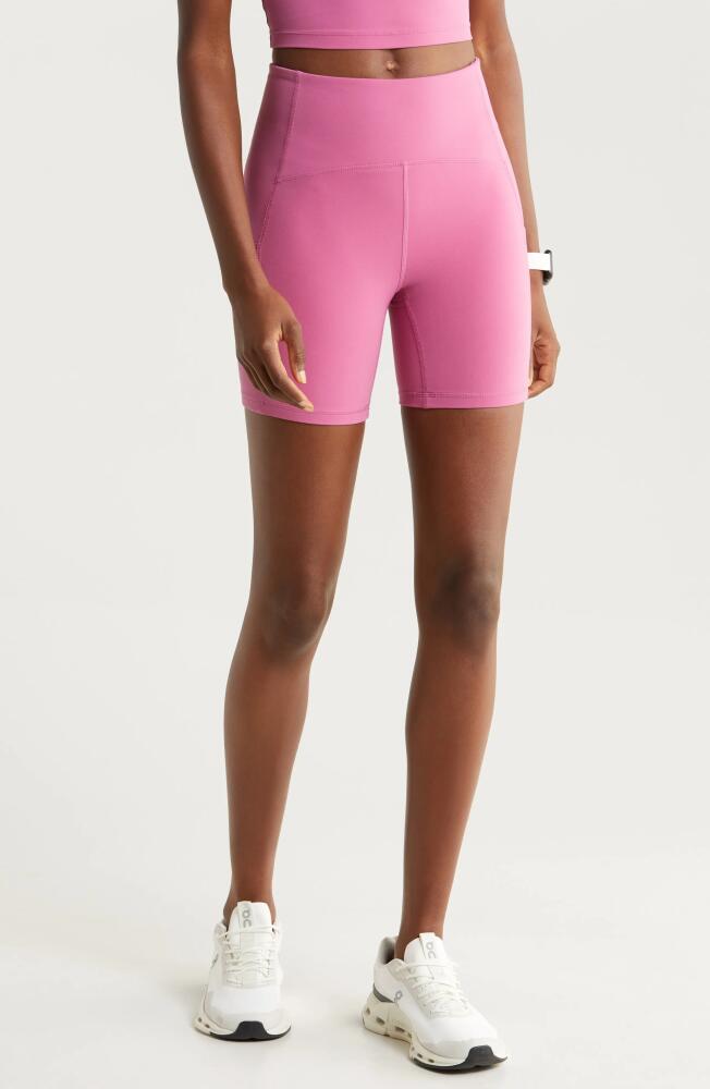 Zella Studio Luxe Pocket Bike Shorts in Pink Violet Cover