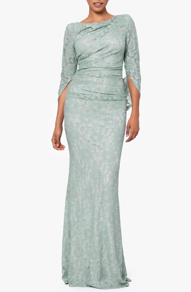 Betsy & Adam Drape Back Cape Sleeve Lace Trumpet Gown in Sage Cover