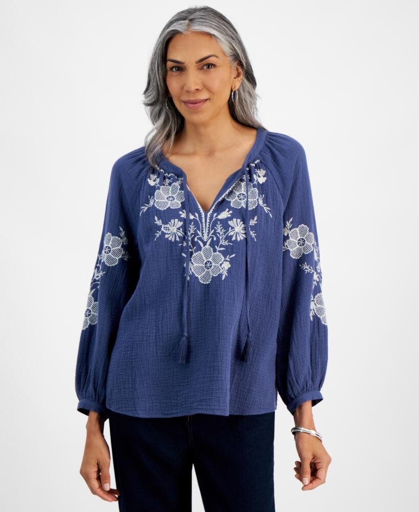 Style & Co Petite Nala Embroidered Popover Peasant Blouse, Created for Macy's - Nala Blue Cover