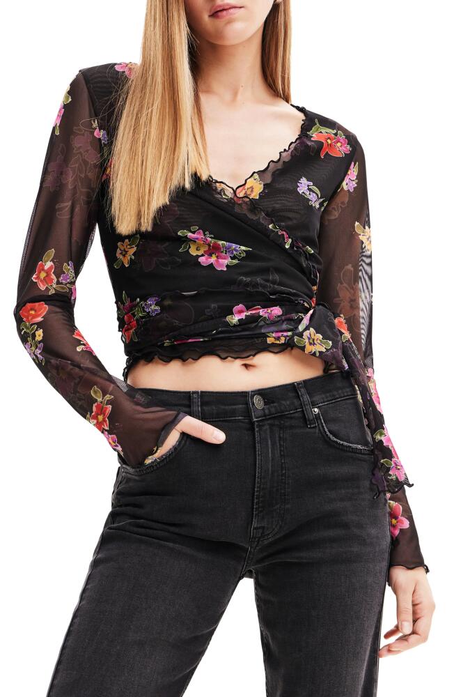 Desigual Lia Floral Print Side Tie Crop Top in Black Cover