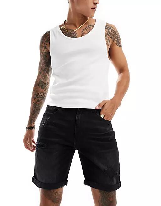 Pull & Bear slim fit ripped denim shorts in washed black-Gray Cover