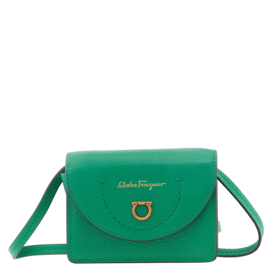 Salvatore Ferragamo Green Gancini Leather Travel Card Case With Strap Cover