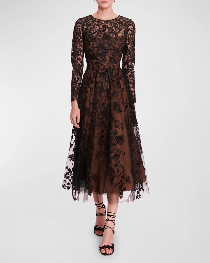 Marchesa Notte A-Line Floral Fil Coupe Midi Dress Cover