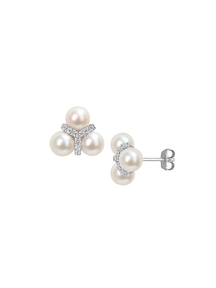 Sonatina Women's Sterling Silver, 6-6.5MM White Round Freshwater Cultured Pearl & White Topaz Cluster Earrings Cover