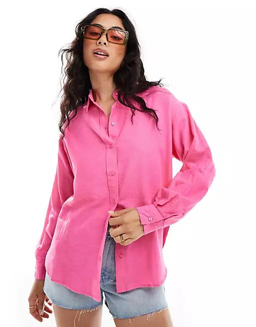 Stradivarius linen mix relaxed shirt in bright pink Cover