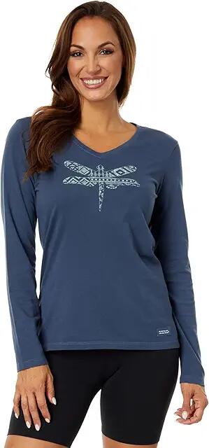 Life is Good Patterned Dragonfly Long Sleeve Crusher Vee (Darkest Blue) Women's Clothing Cover