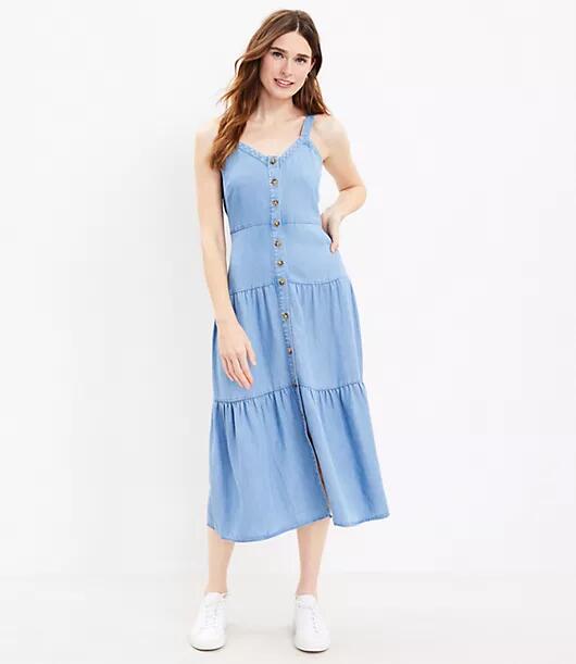 Loft Chambray Strappy Tiered Button Midi Dress Cover