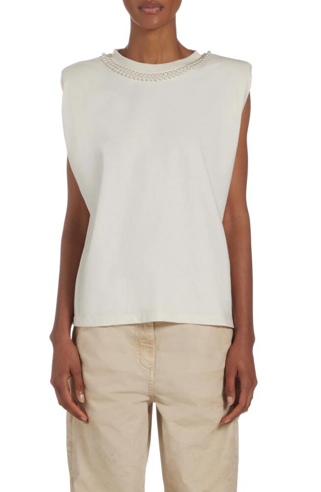 Golden Goose Imitation Pearl Embellished Cotton Shoulder Pad Tank in Melange Grey/Heritage White Cover