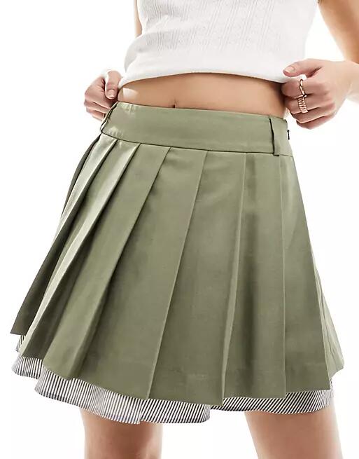 Miss Selfridge tailored poplin layer pleated mini skirt in khaki-Green Cover