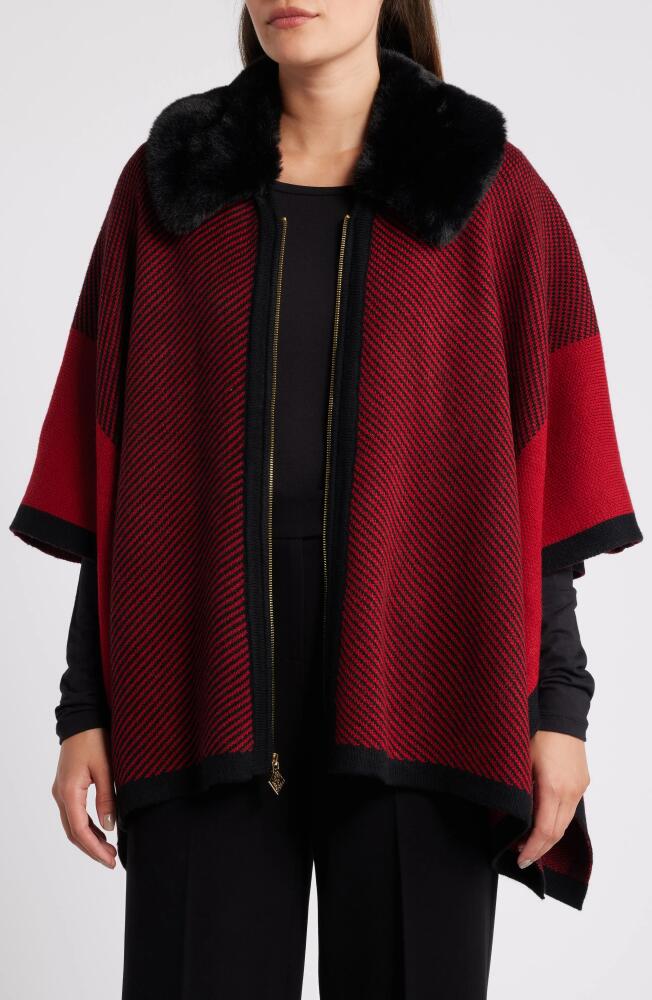 Anne Klein Faux Fur Collar Zip Poncho in Titian Red/Anne Black Cover