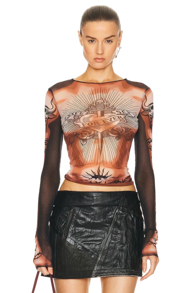 Jean Paul Gaultier Printed Safe Sex Tattoo Long Sleeve Crew Neck Top in Brown Cover