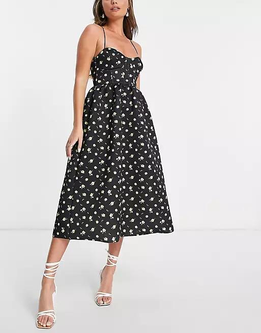 ASOS DESIGN cupped midi prom dress in blue ditsy floral print-Multi Cover