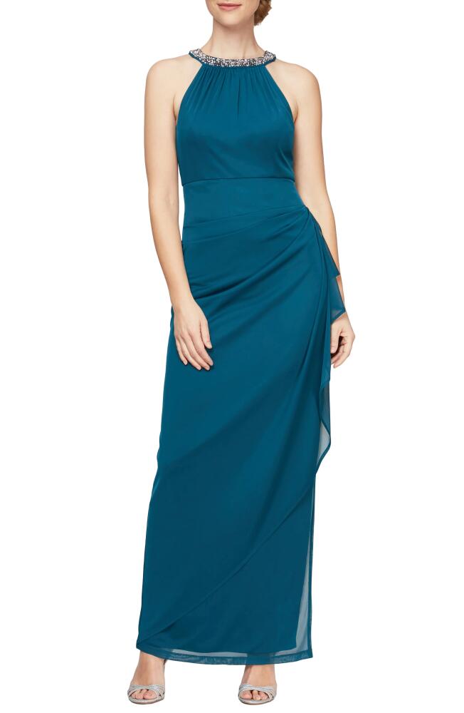 Alex Evenings Embellished Halter Ruched Column Formal Gown in Peacock Cover