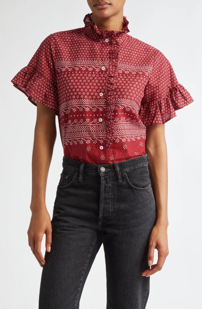 MILLE Vanessa Ruffle Detail Cotton Blouse in Raspberry Mosaic Cover