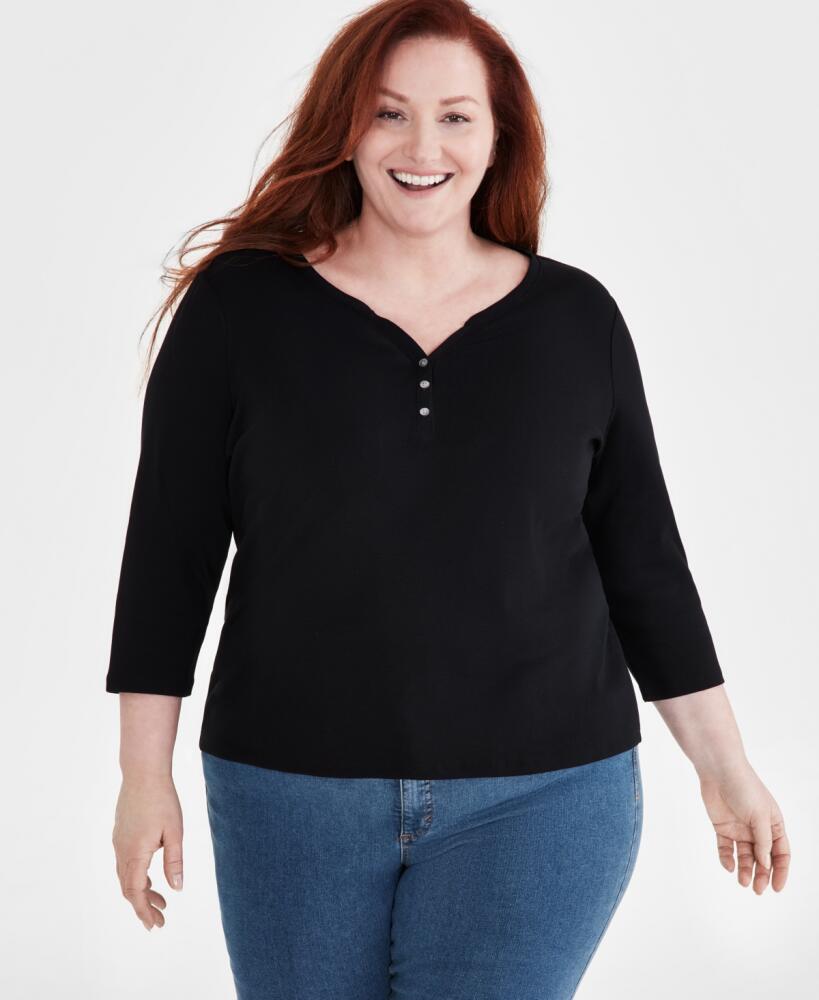 Style & Co Plus Size 3/4-Sleeve Cotton Henley Top, Created for Macy's - Deep Black Cover