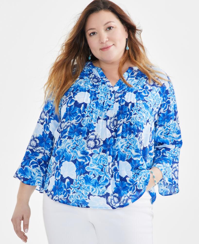 Style & Co Plus Size Printed Pintuck Blouse, Created for Macy's - Gigi Cobalt Cover