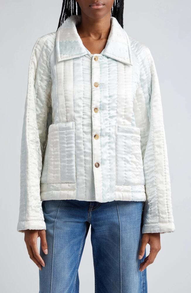 Bode Banker Stripe Quilted Satin Jacket in White Blue Cover