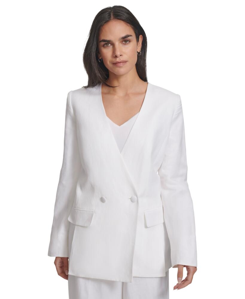 Calvin Klein Women's Collarless Linen Double Breasted Blazer - White Cover